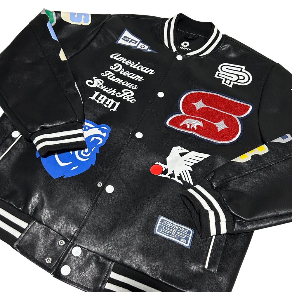 VTG Southpole Varsity Jacket Mens XL Black Patch Graphic Streetwear Faux Leather